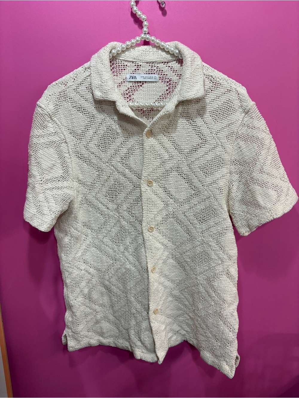 Zara Cream Short-Sleeve Button-Down Open-Knit Shirt